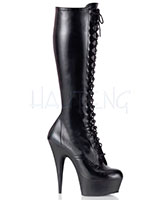 Black Faux Leather Platform Knee High Boots - 6" Heel