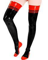 (Bild für) Lange Latexstrümpfe mit Kontrastrand und Hochferse - auch mit RV - zum Schließen ins Bild klicken