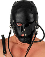 Leather Hood with Inflatable Gag and Detachable Eyes Piece