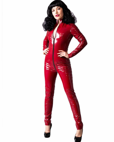 (Bild für) Burgunderroter Lackcatsuit mit 3-Wege-Reißverschluß - bis 6XL