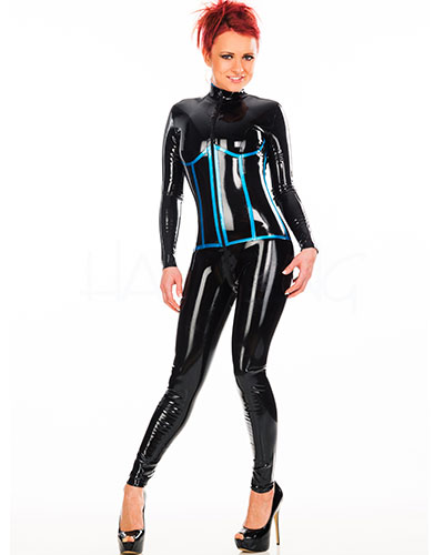 (Bild für) Catsuit aus Latex mit Applikationen im Korsettstil und 3-Wege-RV
