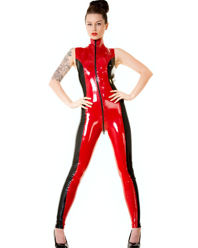 (Bild für) Catsuit Sabrina aus geklebtem Latex in rot-schwarz mit 2-Wege-RV