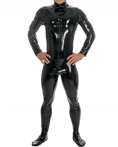 (Bild für) Ganzanzug aus geklebtem schwarzem Latex mit Füßen und 2-Wege-RV