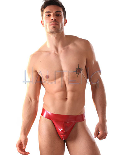 (Bild für) Herrenstring aus geklebtem rotem Latex mit Ausbuchtung