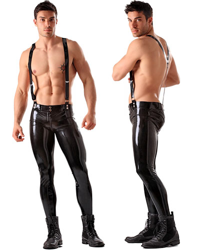(Bild für) Herrenjeans aus geklebtem schwarzem Latex mit Hosenträgern
