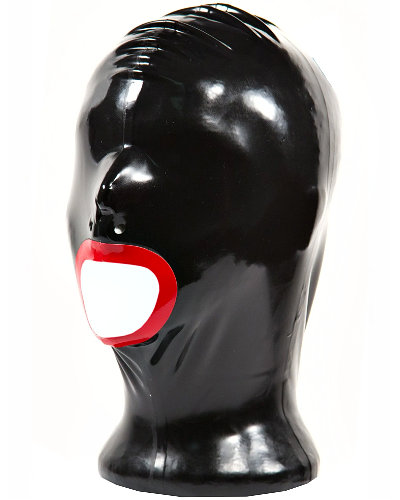 (Bild für) Haube aus geklebtem Latex mit großer rotumrandeter Mundöffnung und Zipper