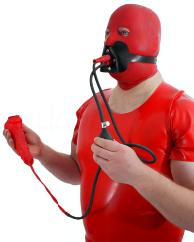 (Bild für) Aufblas. Pissknebel mit Schlauch, Kondom + Heavy Rubber Strapon