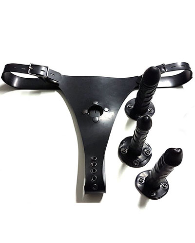 (Bild für) Heavy Rubber Strap-On mit 3 Wechseldildos - auch abschließbar