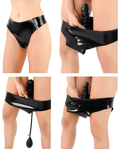 (Bild für) Latexslip mit 3 auswechselbaren Dildos - Tanzhöschen - 0,6 mm