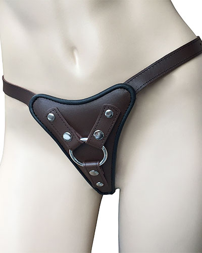 (Bild für) Brauner Leder-Strap-On mit austauschbarem O-Ring aus Metall