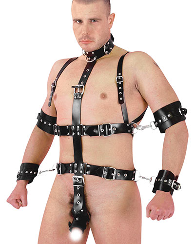(Bild für) Bondage-Harness aus Leder mit Penishülle und Armfesseln