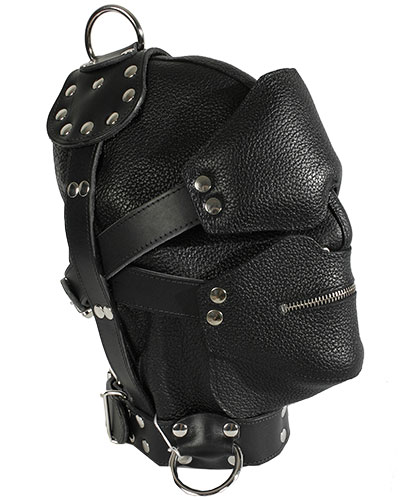 (Bild für) Bondagehaube aus dickem genarbtem Leder mit abnehmbaren Klappen
