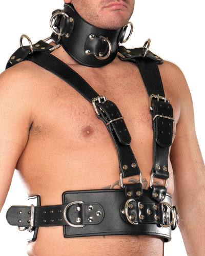 (Bild für) Bondage-Oberkörperharnisch aus dickem Kernleder mit Halsband