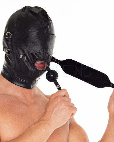 (Bild für) Lederhaube mit Knebel und abnehmbaren Klappen