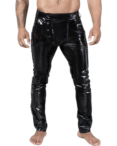 (Bild für) Herrenhose aus Lack mit asymmetrischem Druckknopfverschluß